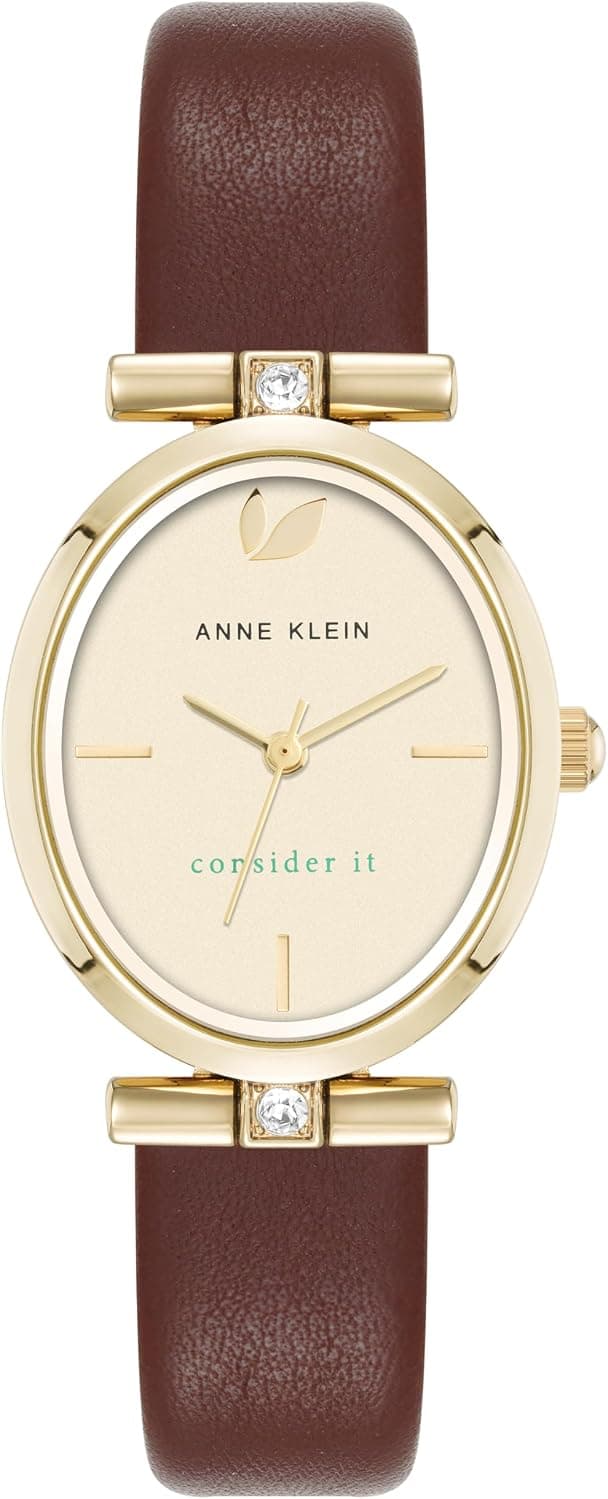 Anne Klein AK-5154CHBN, 26mm, Gold Dial, Brown Leather Band