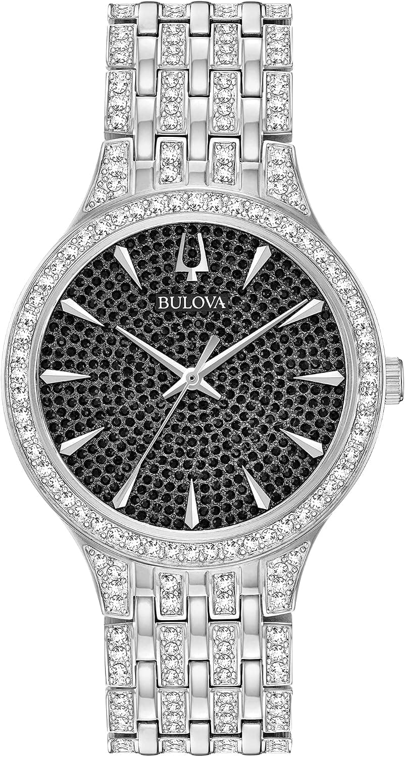 Bulova Crystal 40mm, Black Dial Silver Stainless steel