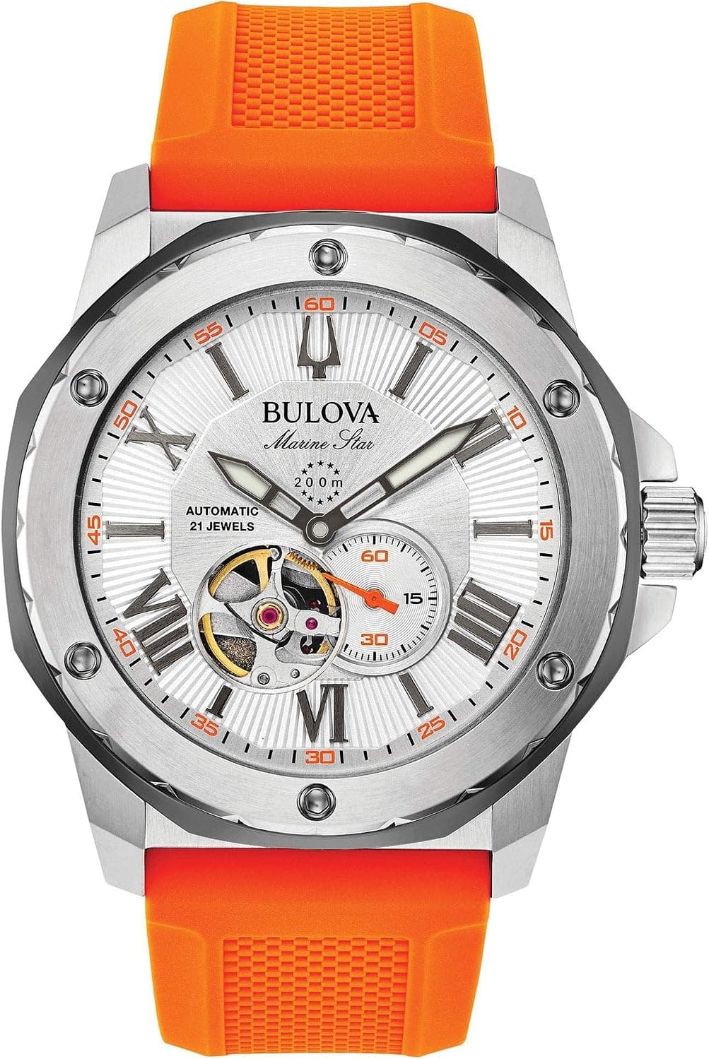 Bulova Marine Star 98A226, 45mm, Silver Dial, Orange Silicone Band