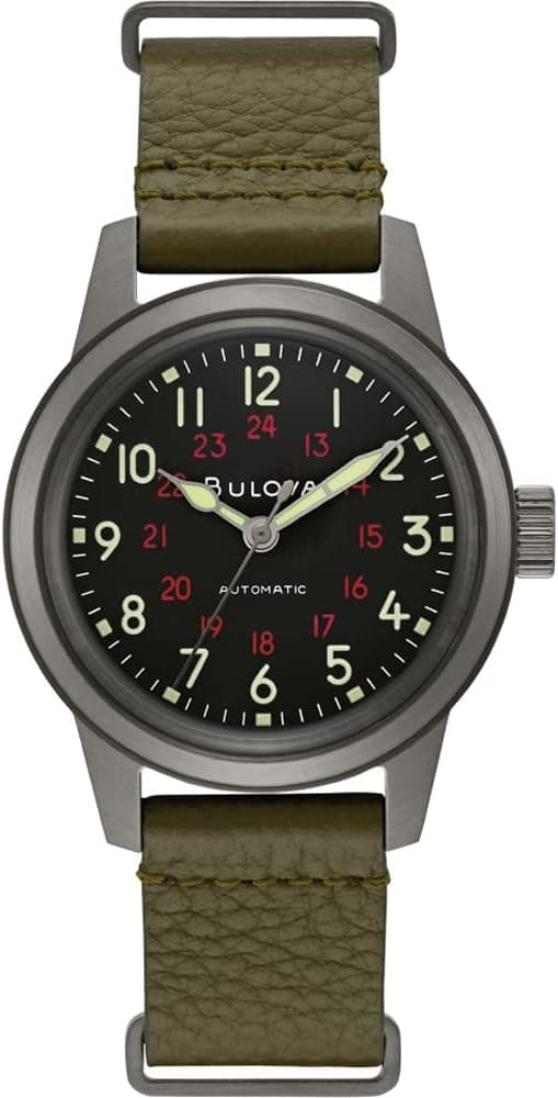 Bulova Military Hack 98A255, 38mm, Black Dial, Gray Leather Band