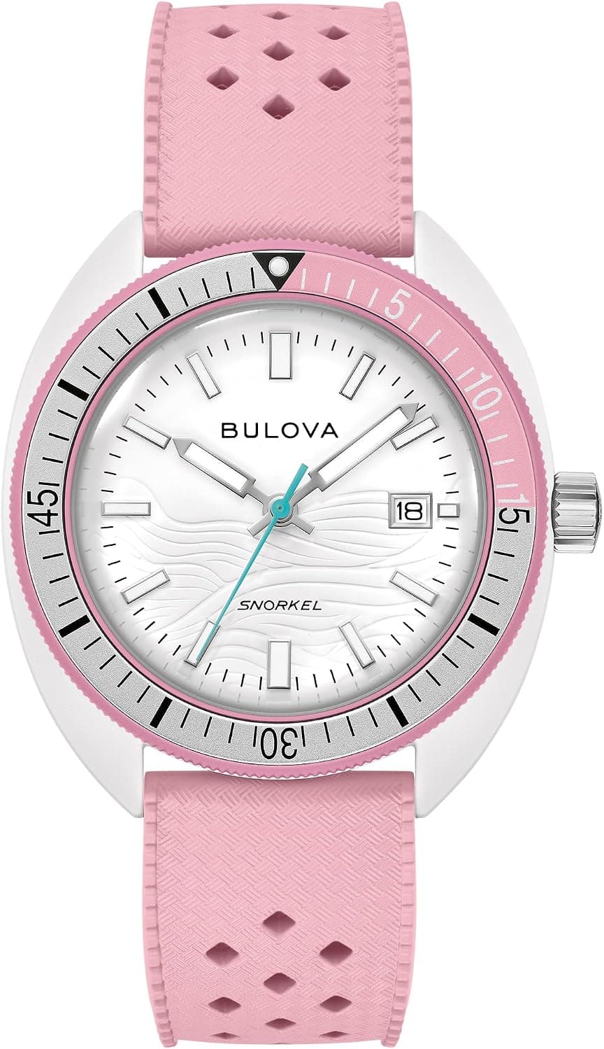 Bulova Oceanographer Snorkel, White Dial Pink Perforated Rubber Strap