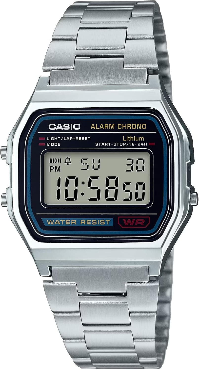 Casio A158WA-1DF, 32 mm, schwarzes Zifferblatt, silbernes Edelstahlarmband