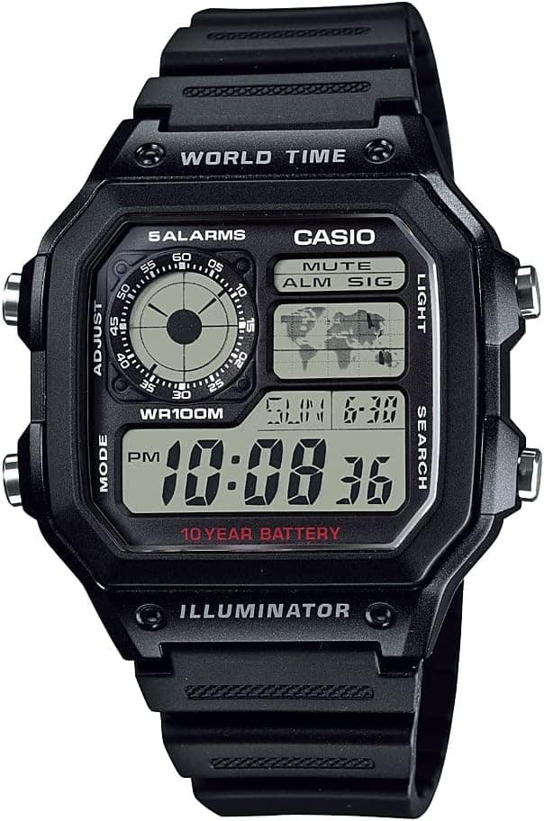 Casio AE1200WH-1BVDF, 40 mm, schwarzes Zifferblatt, schwarzes Kautschukarmband