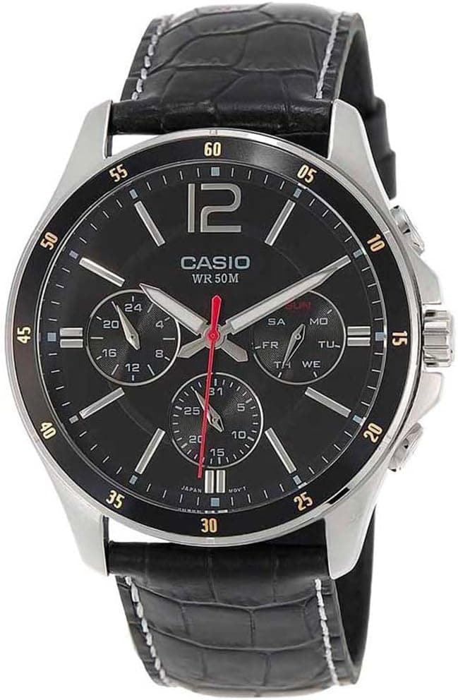 Casio Enticer Gent MTP-1374L-1A, 43mm, Black Dial, Black Leather Band
