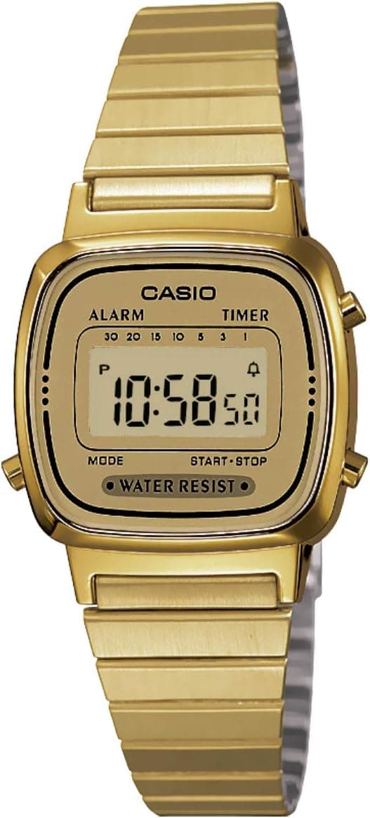 Casio LA670WGA 44mm, Black Dial Gold Resin