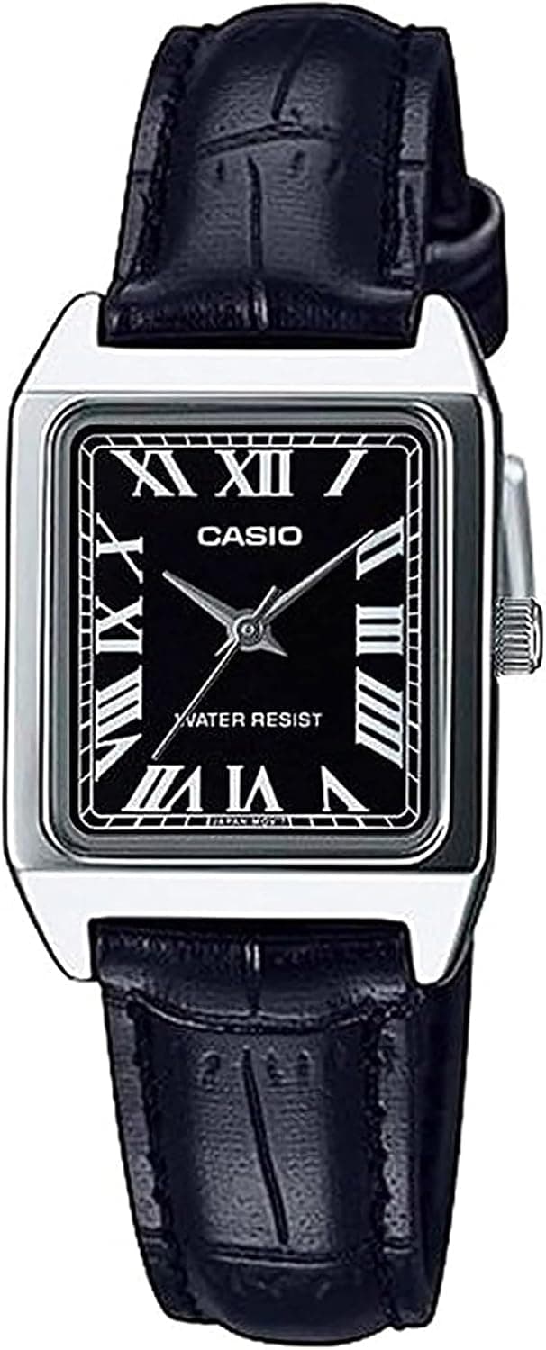 Casio LTP-V007L-1BUDF, 22 mm, schwarzes Zifferblatt, schwarzes Lederarmband