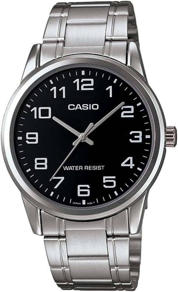 Casio MTP-V001D-1BUDF, 44mm, Black Dial, Silver Stainless Steel Bracelet
