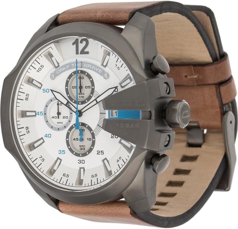 Diesel Mega Chief DZ4280, 51mm, White Dial, Brown Leather Band