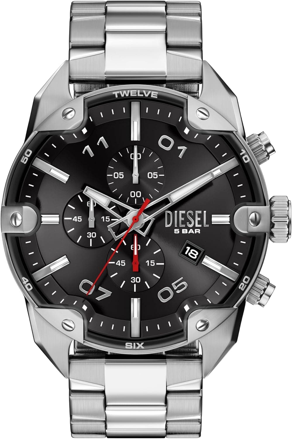 Diesel Spiked DZ4709, 49mm, Black Dial, Silver Stainless Steel Bracelet