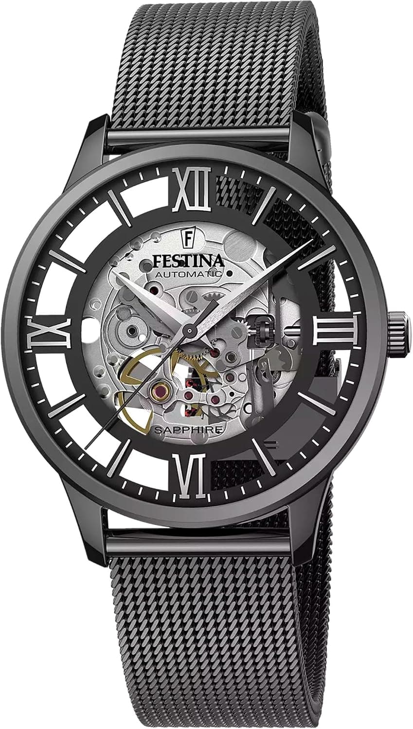 Festina Skeleton F20535, 42 mm, schwarzes Zifferblatt, schwarzes Edelstahlarmband