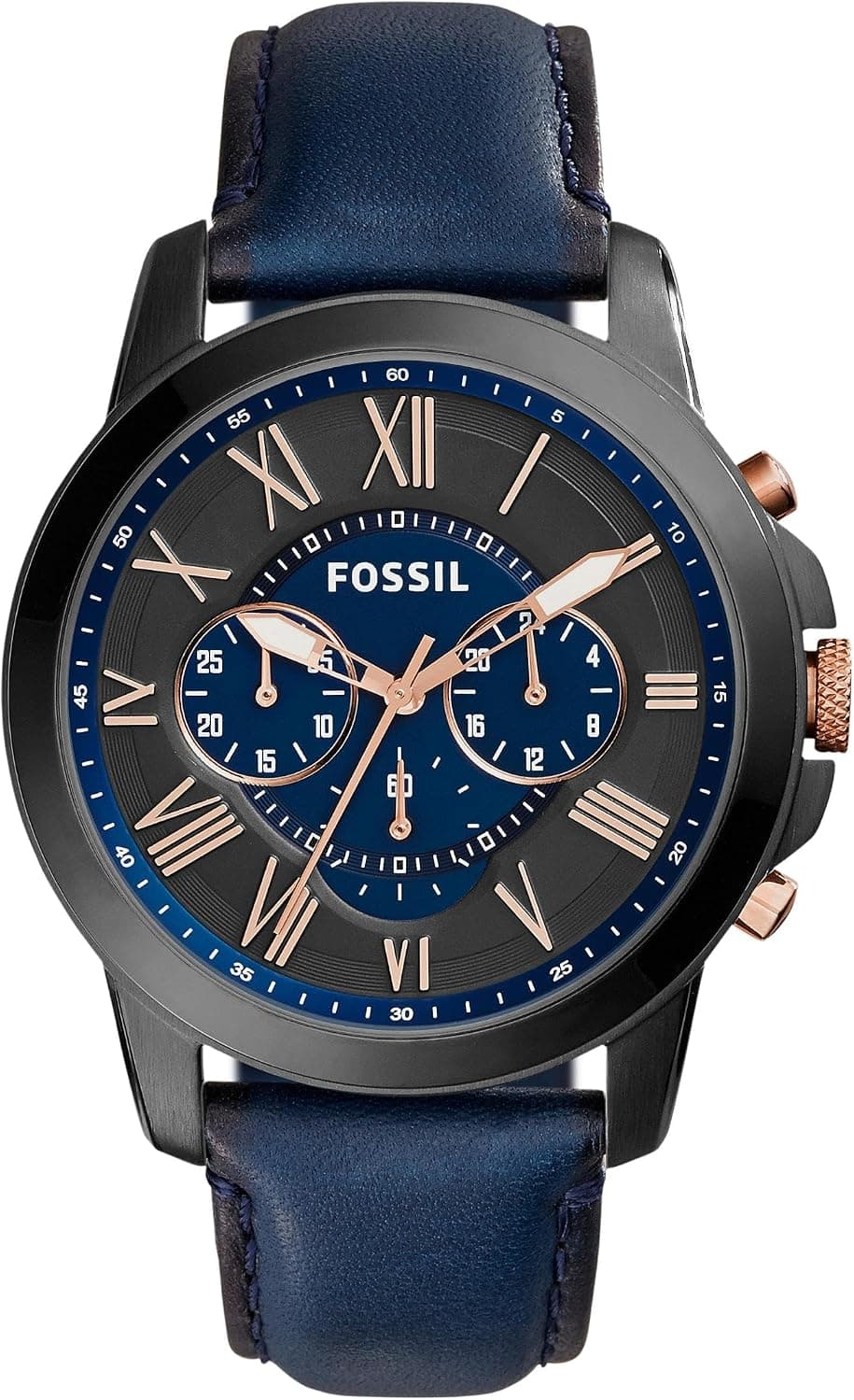 Fossil Grant FS5061IE, 44mm, Siyah Kadran, Mavi Deri Kayış