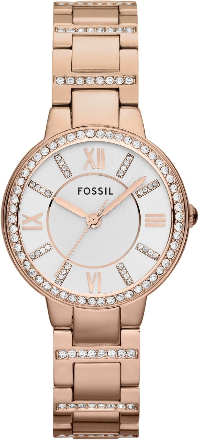 Fossil Virginia ES3284, 30mm, Gümüş Kadran, Pembe Altın Paslanmaz Çelik Kordon