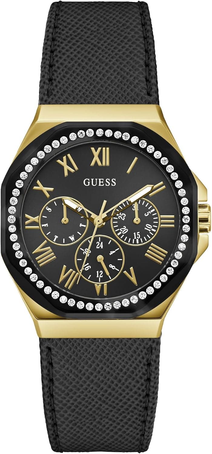 Guess Black Leather Chronograph 36mm, Black Dial Black Leather