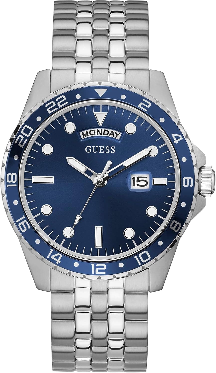 Guess Dress Day-Date 44mm, Blue Dial Silver Stainless steel