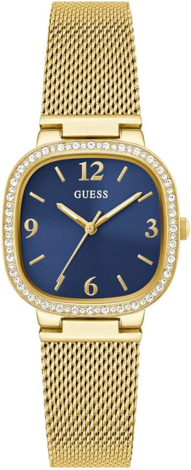 Guess Gold-Tone Rounded Crystal Analog 32mm, Blue Dial
