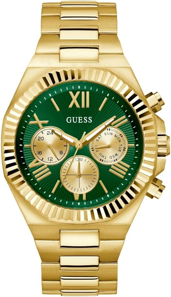 Guess Silver-Tone and Black Multifunction 44mm, Green Dial