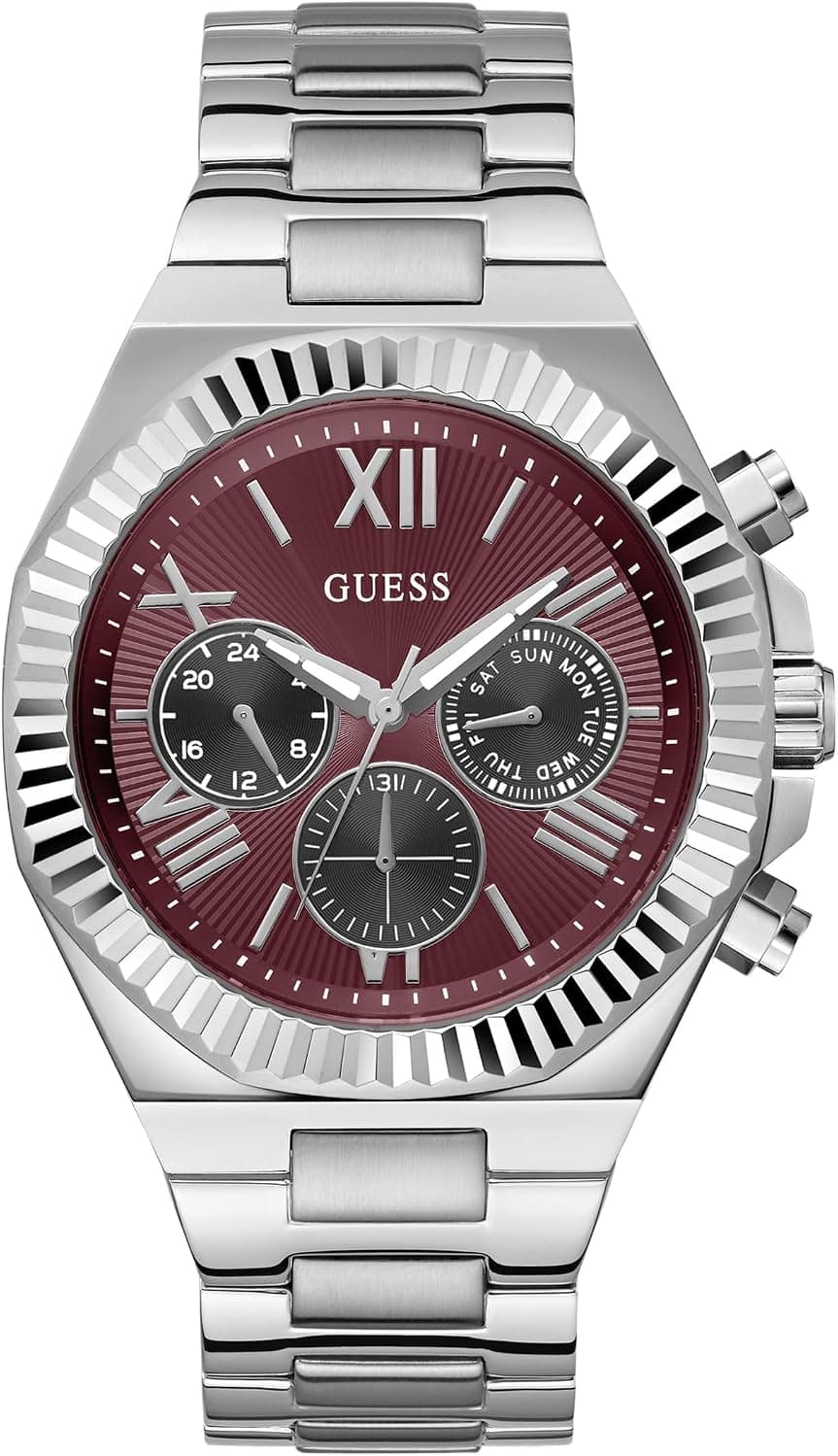 Guess Silver-Tone and Maroon Multifunction 46mm, Maroon Dial