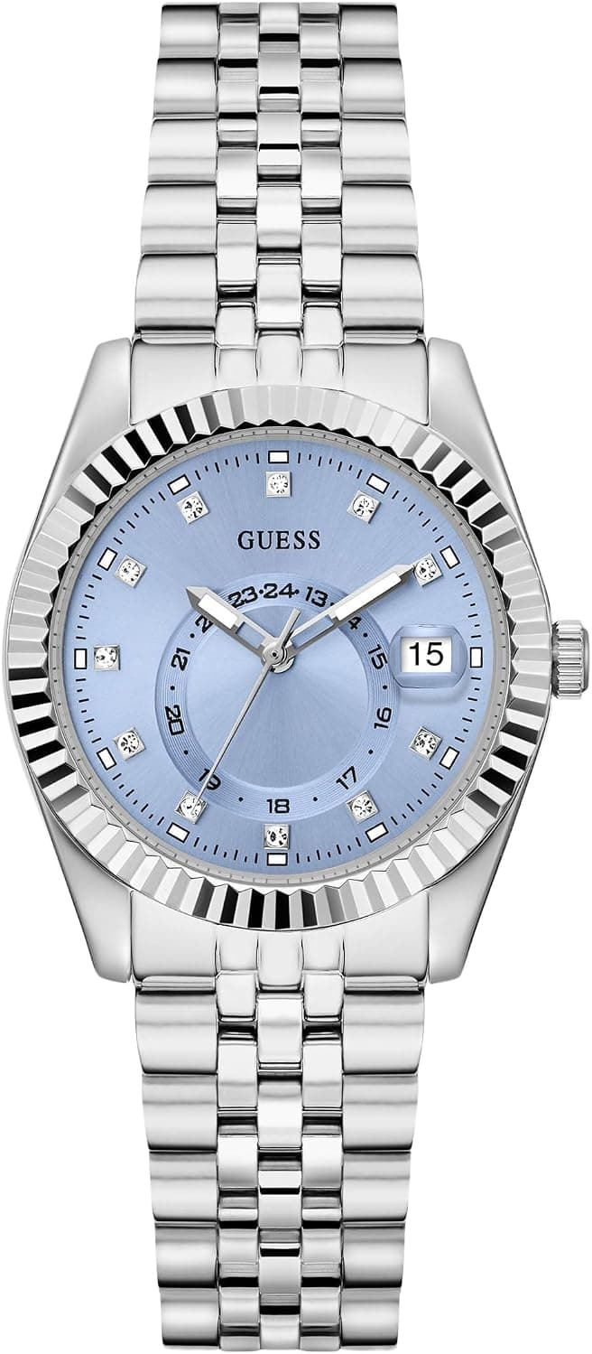 Guess Silver-Tone and Blue Multifunction 34mm, Blue Dial