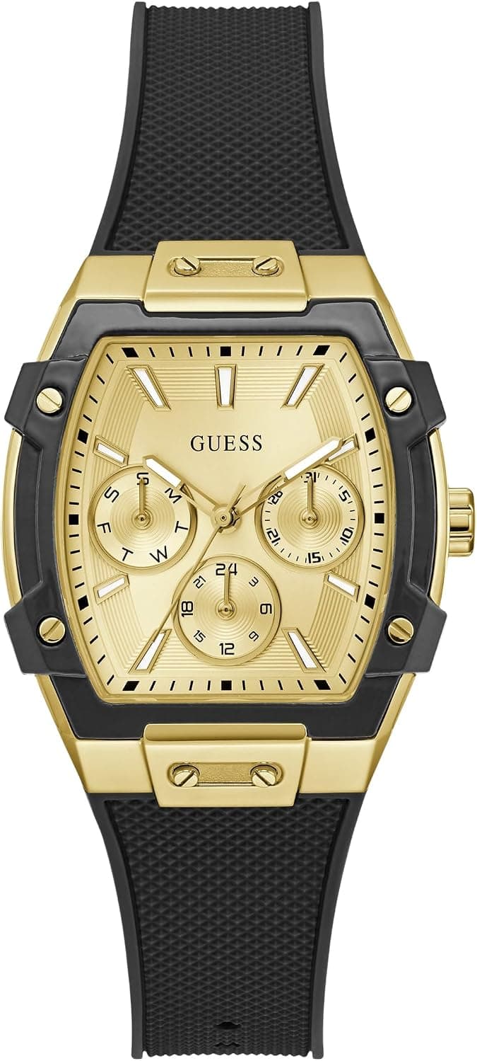 Guess Gold-Tone and Black Silicone Multifuncti 35mm, Gold Dial