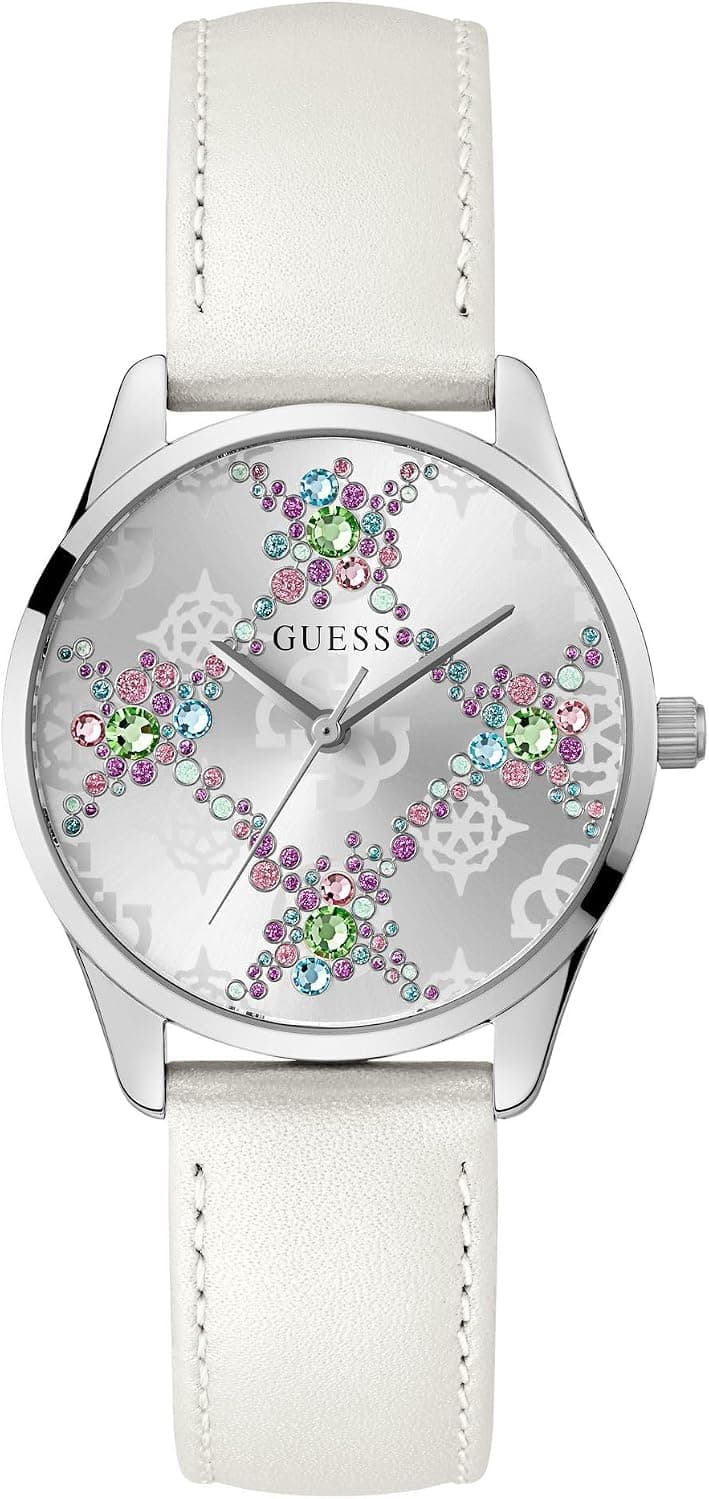 Guess Luster GW0837L1, 36 mm, silbernes Zifferblatt, weißes Lederarmband