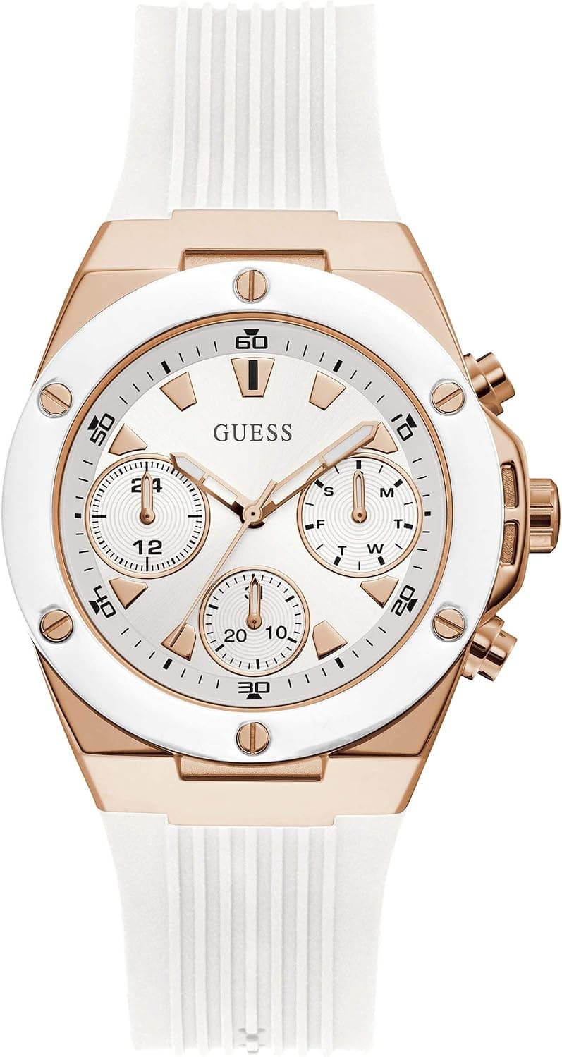 Guess Rose Gold-Tone + White Silicone Multifun 39mm, White Dial