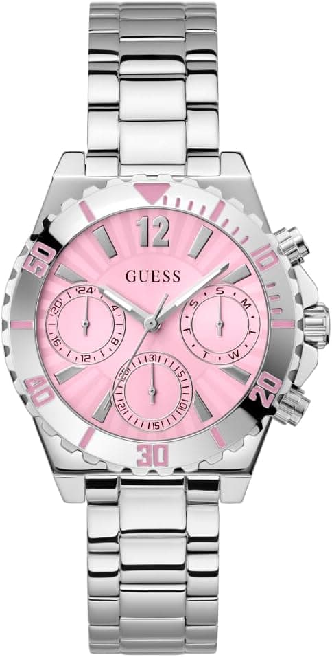 Guess Silver-Tone Multifunction 38mm, Pink Dial