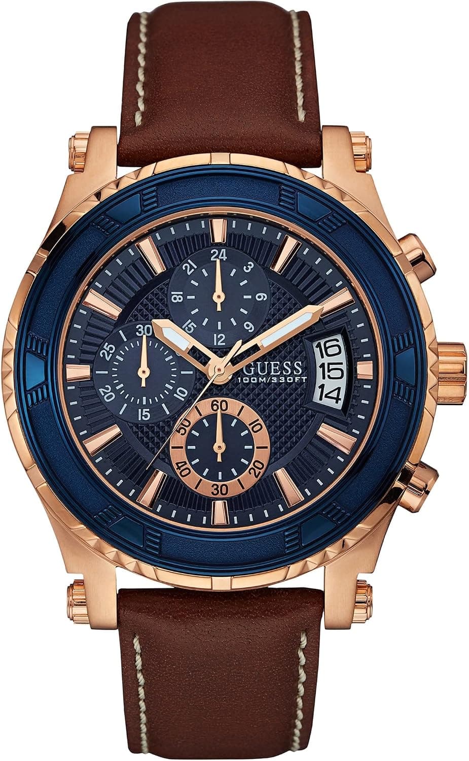 Guess U0673G3, 47mm, Blue Dial, Brown Leather Band