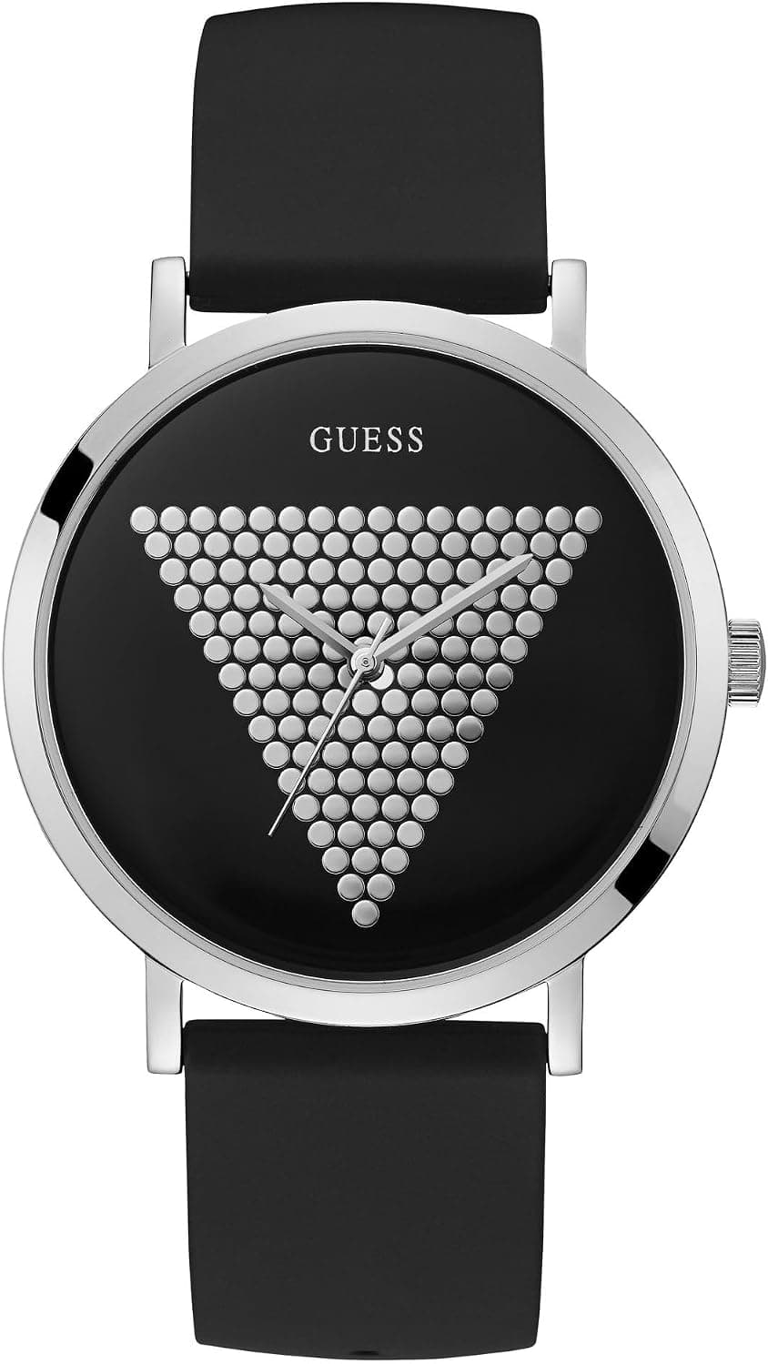 Guess U1161G8, 44 mm, silbernes Zifferblatt, schwarzes Silikonarmband