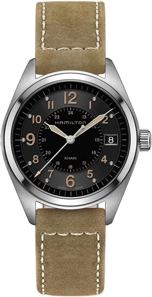 Hamilton Khaki Field 40mm, Schwarzes Zifferblatt Grün Lederarmband