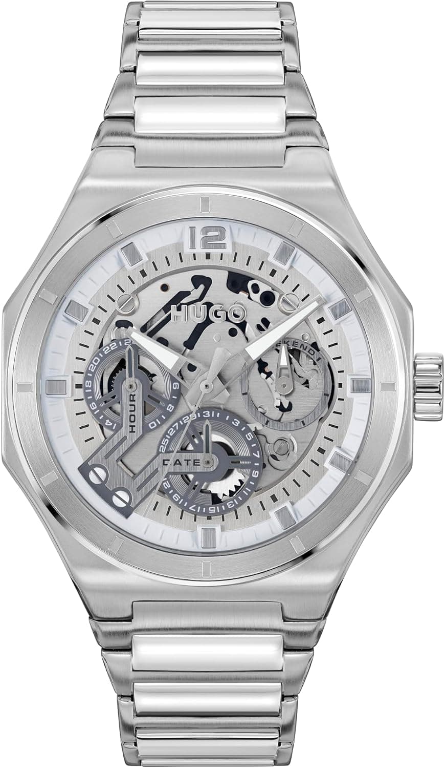 Hugo #GRAIL Skeleton 1530377, 44mm, Silver Dial, Black Stainless Steel Bracelet