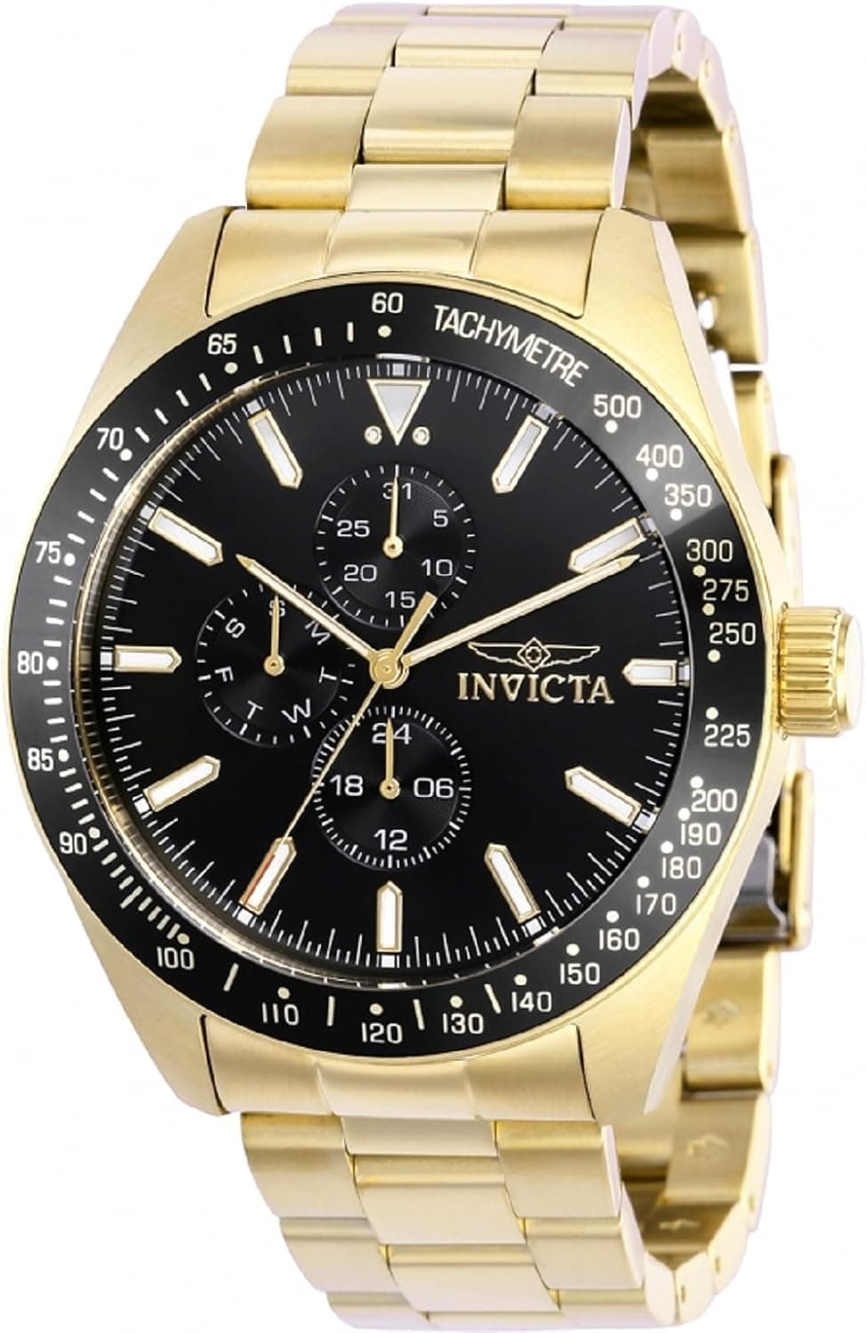 Invicta Aviator 38968, 45 mm, schwarzes Zifferblatt, goldenes Edelstahlarmband