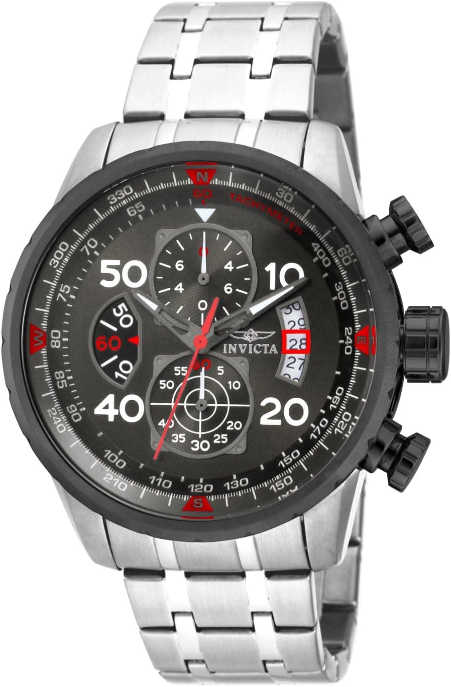 Invicta Aviator 17204, 48 mm, graues Zifferblatt, silbernes Edelstahlarmband
