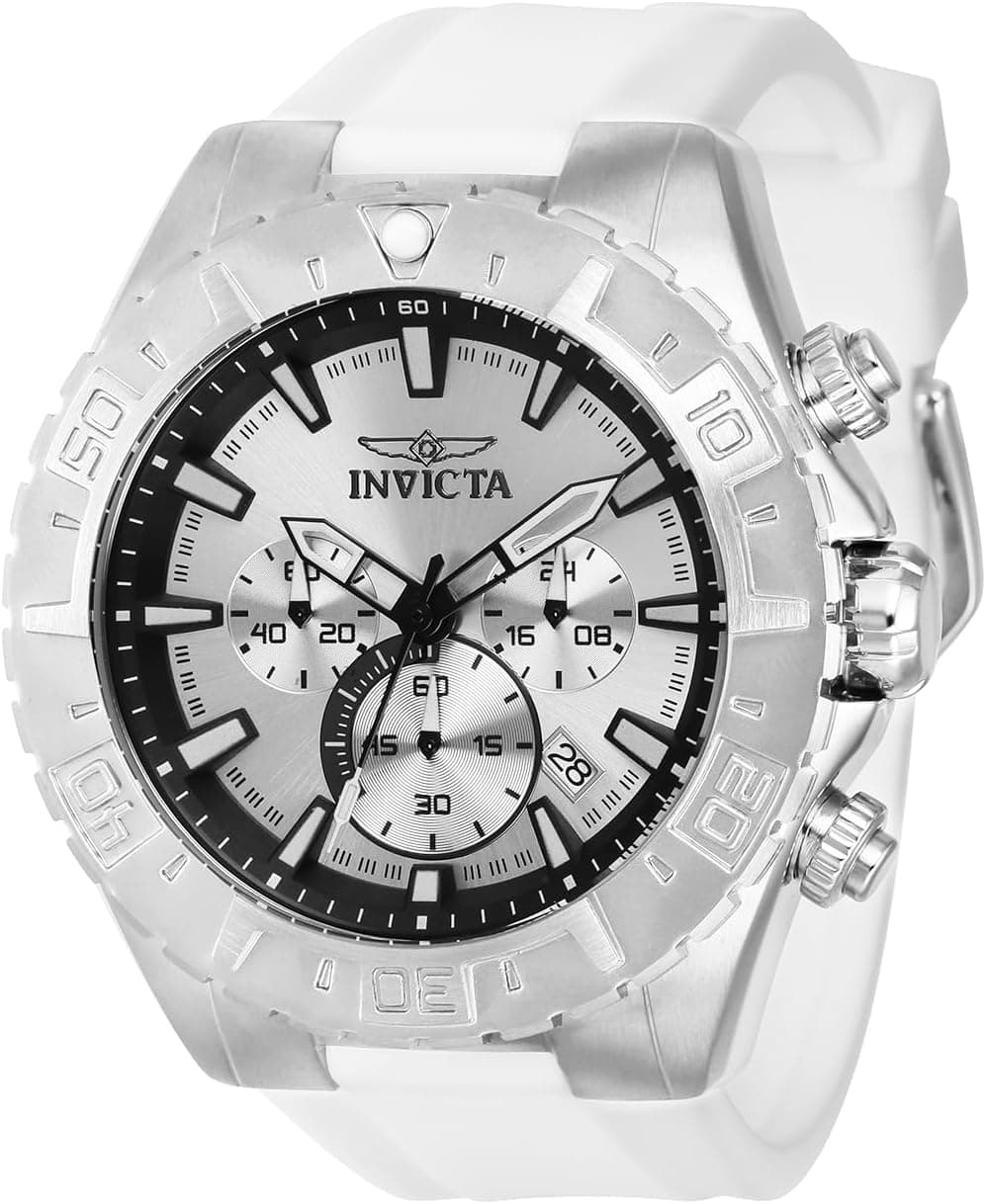 Invicta Aviator 37634, 49 mm, silbernes Zifferblatt, weißes Silikonarmband