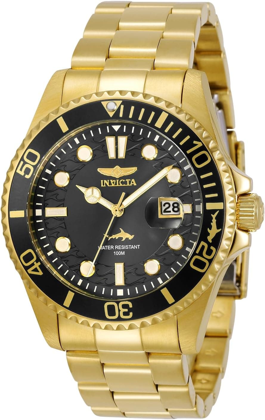 Invicta Pro Diver 30026, 43 mm, schwarzes Zifferblatt, goldenes Edelstahlarmband