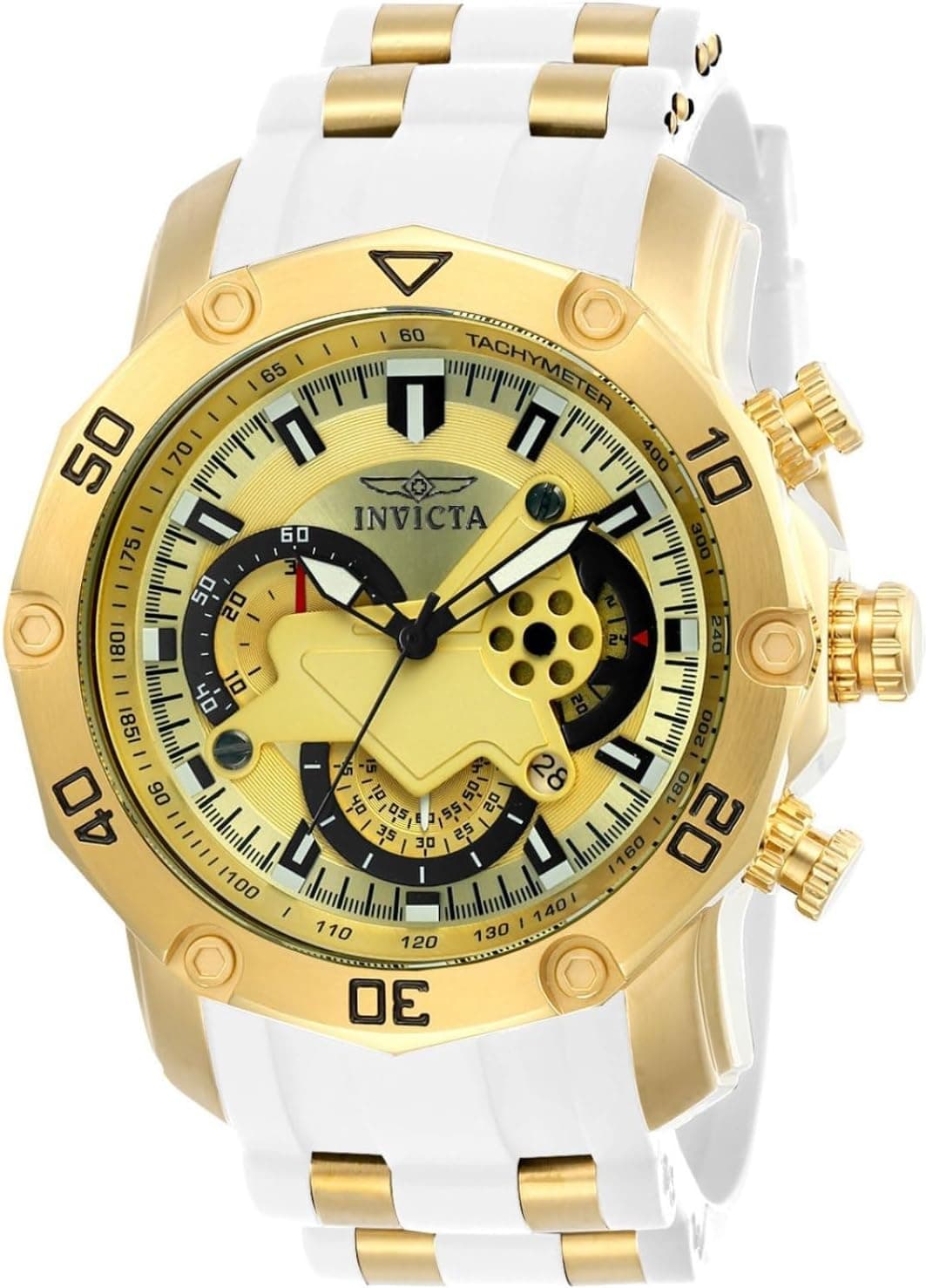 Invicta Pro Diver 23424, 49 mm, goldenes Zifferblatt, weißes Silikonarmband
