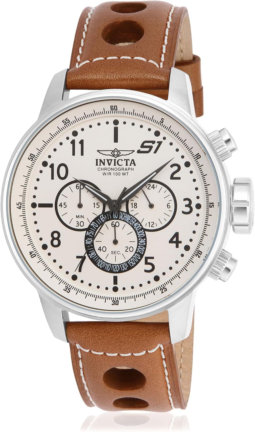 Invicta S1 Rally 16009, 48 mm, weißes Zifferblatt, braunes Lederarmband