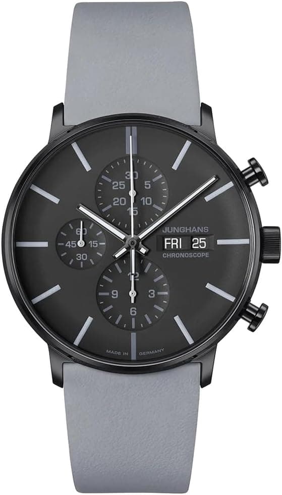 Junghans Form A Chronoscope 27/4371.01, 42mm, Black Dial, Gray Leather Band