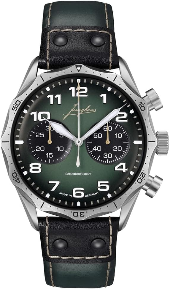 Junghans Pilot Chronoscope 27/3492.00, 43mm, Green Dial, Black Leather Band