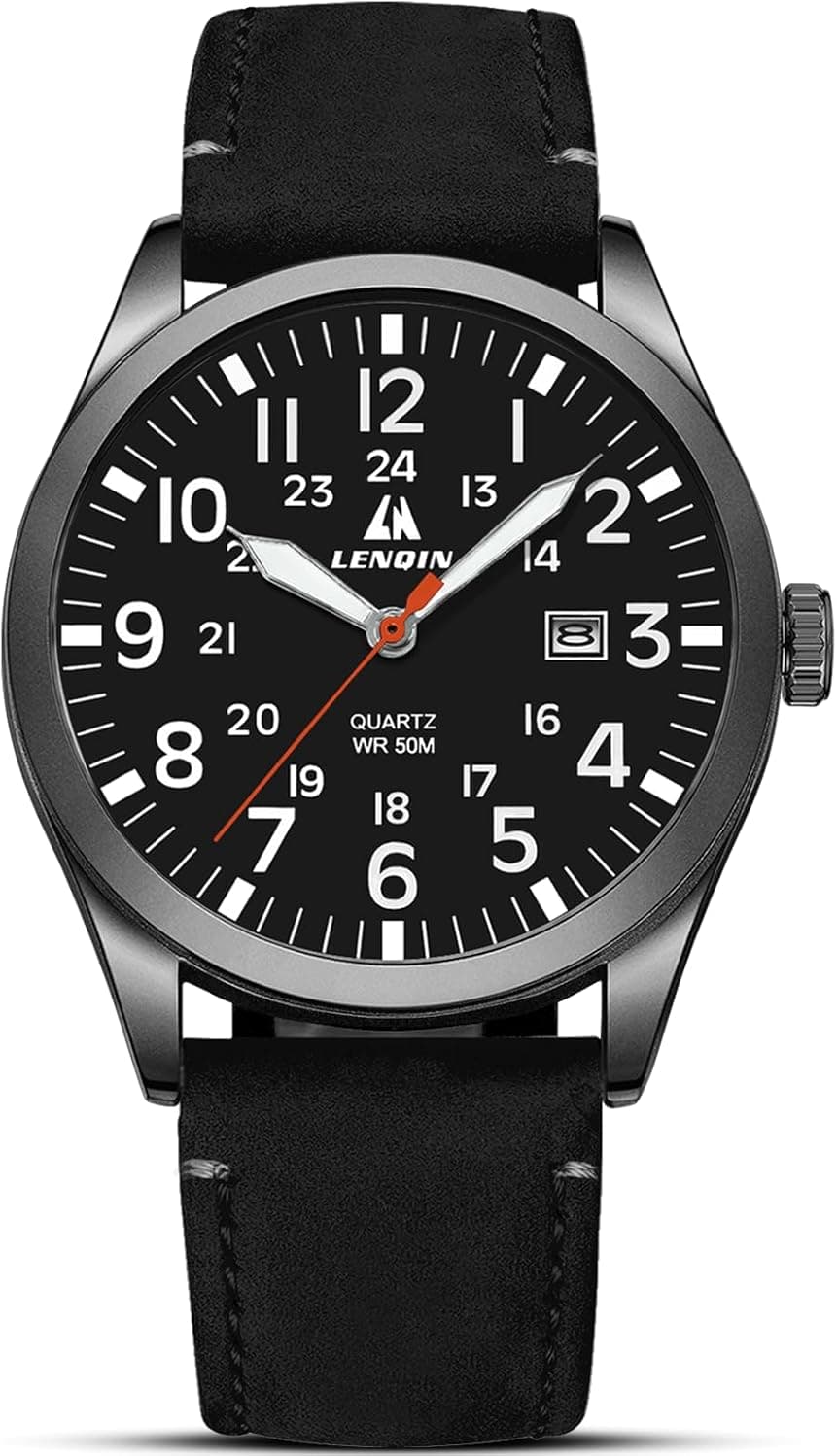 Ln Lenqin LN-0550-Black Gun Black, 50mm, Black Dial, Black Leather Band