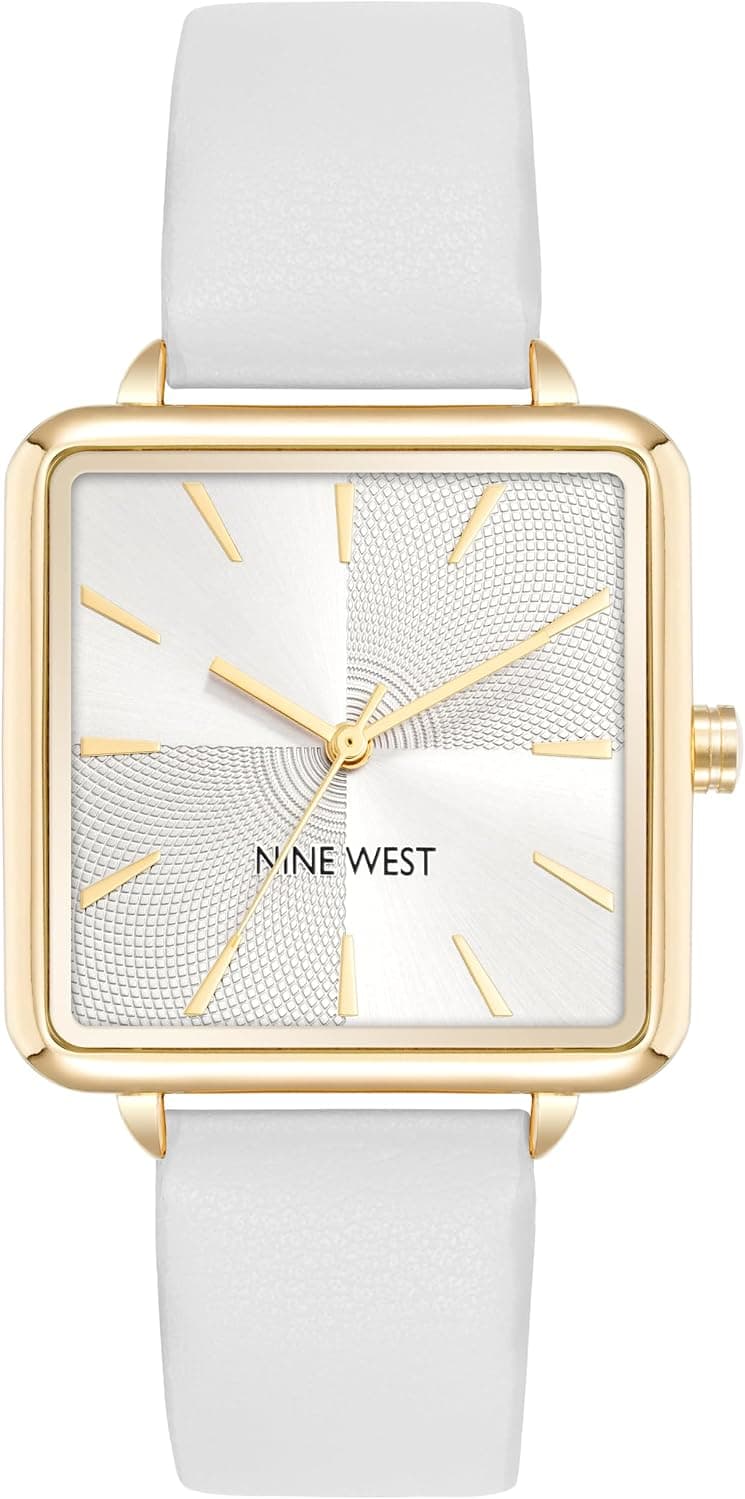 Nine West NW/2670GPWT, 31mm, Silver Dial, White Faux Leather Band