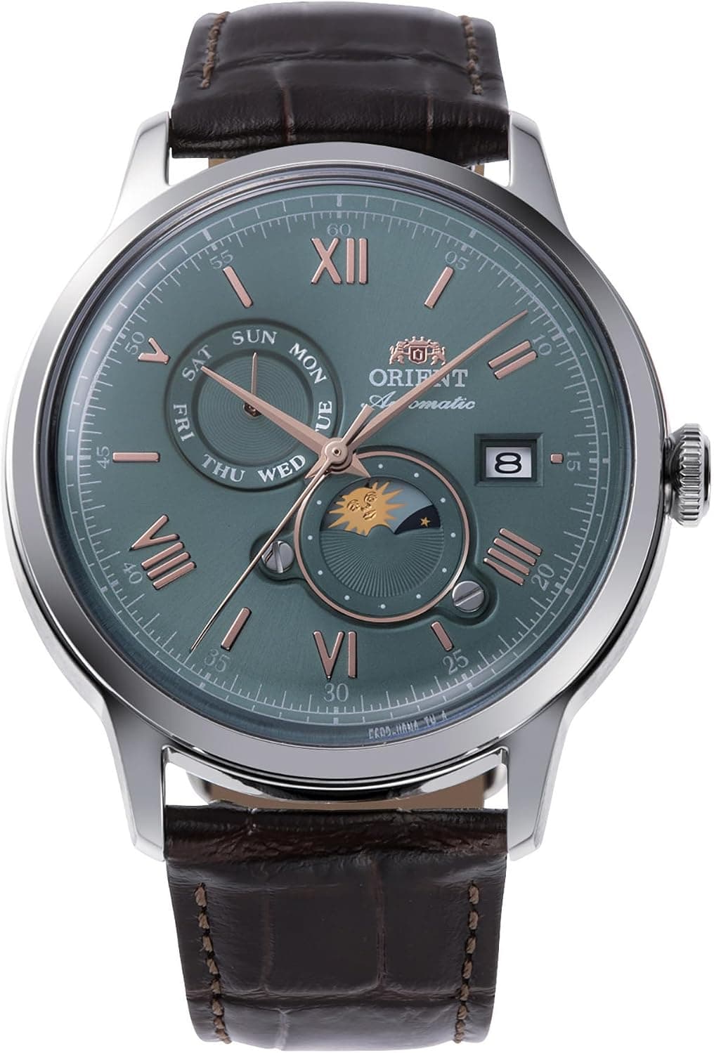Orient Bambino RA-AK0805E30B, 42 mm, grünes Zifferblatt, braunes Lederarmband