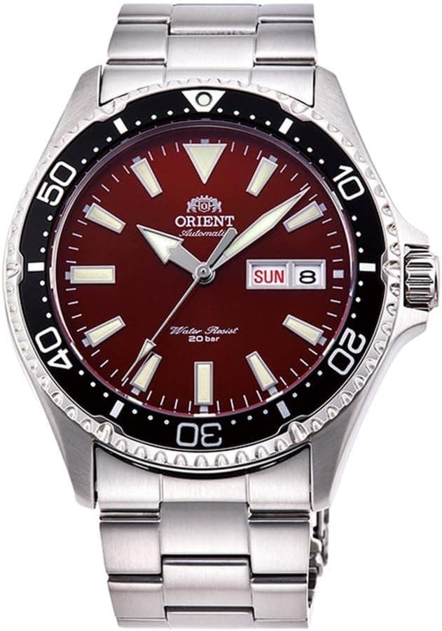 Orient Kamasu RA-AA0003R, 42 mm, bordeauxrotes Zifferblatt, silbernes Edelstahlarmband