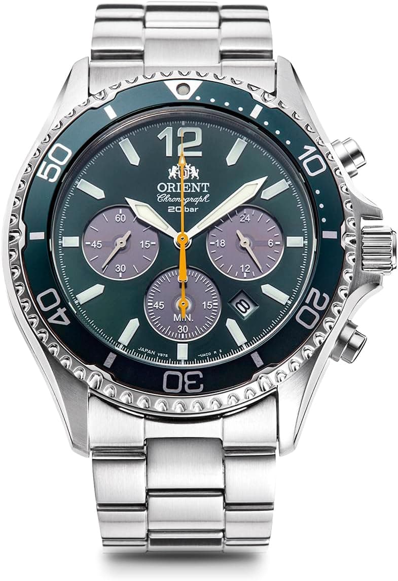 Orient Mako RN-TX0204E, 43 mm, schwarzes Zifferblatt, grünes Edelstahlarmband