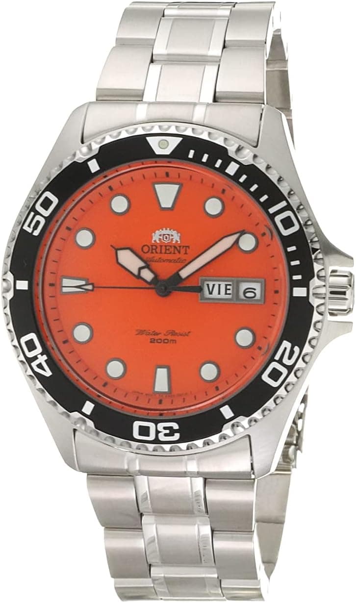 Orient Mako II AA02006M, 42 mm, orangefarbenes Zifferblatt, graues Edelstahlarmband