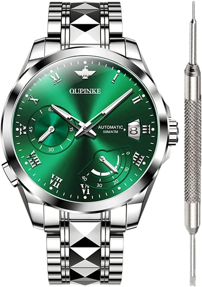 Oupinke AOUPINKE3198GREEN, 41mm, Green Dial, Silver Stainless Steel Bracelet
