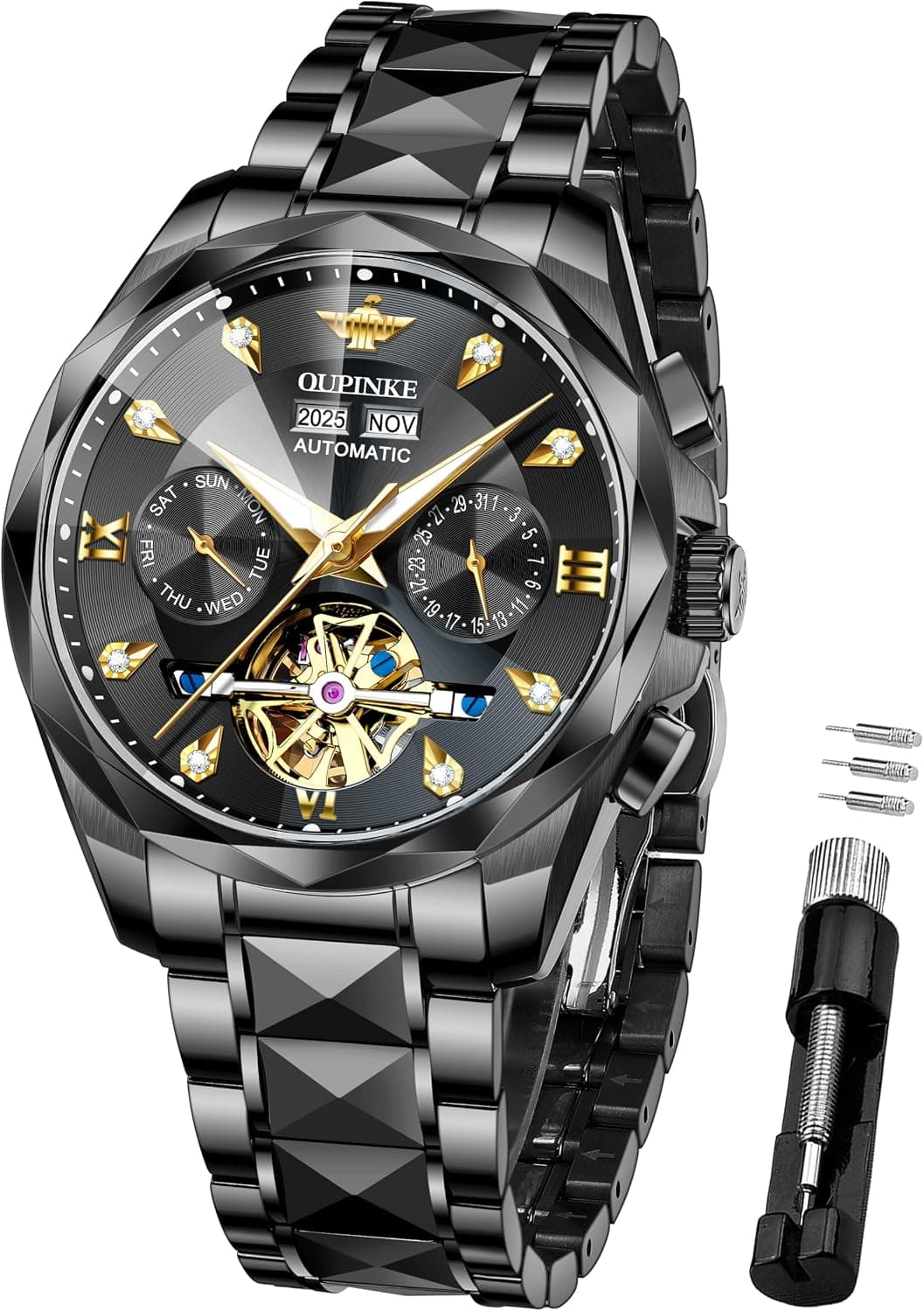 Oupinke CT-P-G3316GH-HH, 44mm, Siyah Kadran, Siyah Tungsten Kordon