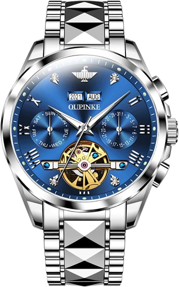 Oupinke FL-OU-G3186-BL, 42mm, Blue Dial, Silver Tungsten Bracelet