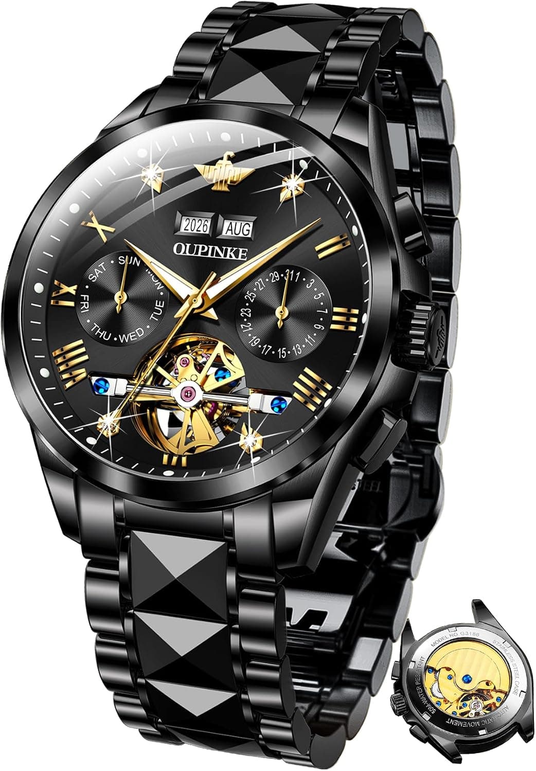 Oupinke TYG-OU-G3186GH-HH, 42mm, Black Dial, Black Tungsten Bracelet