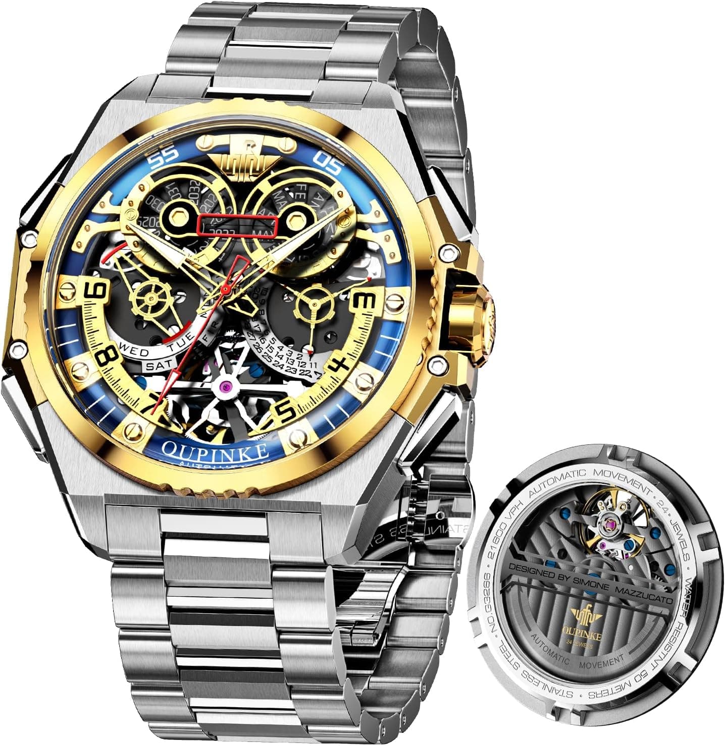 Oupinke G3266, 45mm, Black Dial, Silver Tungsten Bracelet