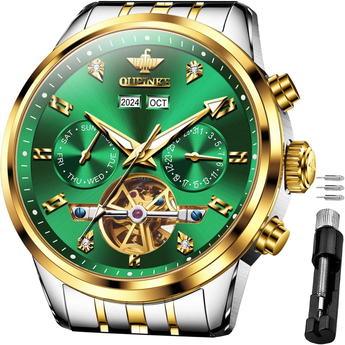 Oupinke HG-US-3248-JLV, 42mm, Green Dial, Two-Tone Stainless Steel Bracelet